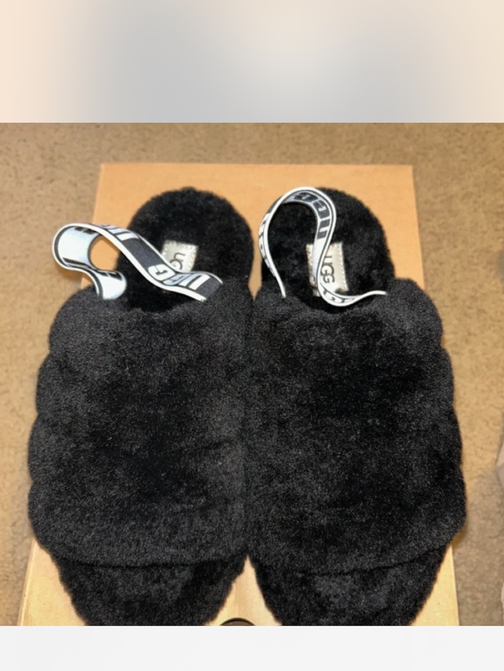 UGG Black Fuzzy Slide Sandals with Branded Strap